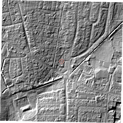 Shaded relief map of the ground around SL13LG, computed from Environment Agency LiDAR. The ground here sits at about 28 m above sea level and falls 5 m across the surrounding 800 m. Surface water reaching this point runs off ground lying to the west, 2.0 m higher.