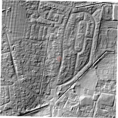 Shaded relief map of the ground around SL13LH, computed from Environment Agency LiDAR. The ground here sits at about 30 m above sea level and falls 6 m across the surrounding 800 m. Surface water reaching this point runs off ground lying to the north, 2.4 m higher.