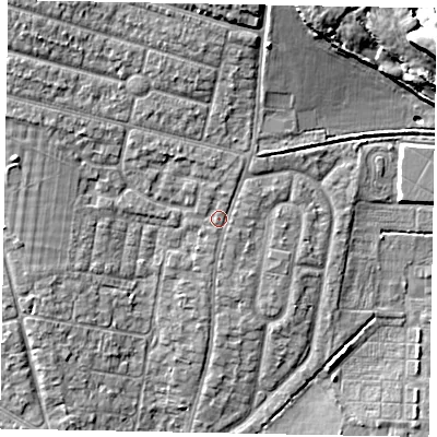Shaded relief map of the ground around SL13LJ, computed from Environment Agency LiDAR. The ground here sits at about 31 m above sea level and falls 11 m across the surrounding 800 m. Surface water reaching this point runs off ground lying to the north, 5.4 m higher.