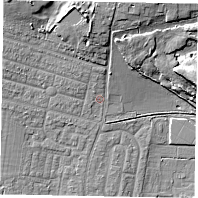 Shaded relief map of the ground around SL13LL, computed from Environment Agency LiDAR. The ground here sits at about 32 m above sea level and falls 13 m across the surrounding 800 m. Surface water reaching this point runs off ground lying to the north, 9.8 m higher.