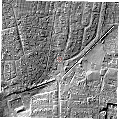 Shaded relief map of the ground around SL13LQ, computed from Environment Agency LiDAR. The ground here sits at about 28 m above sea level and falls 5 m across the surrounding 800 m. Surface water reaching this point runs off ground lying to the north-north-east, 3.6 m higher.