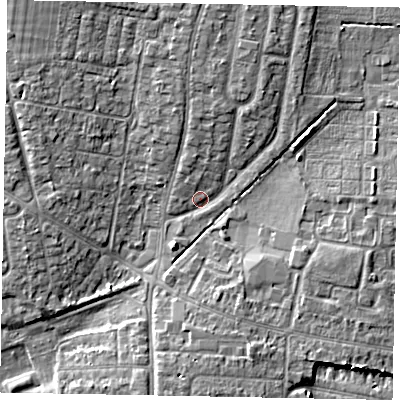 Shaded relief map of the ground around SL13NA, computed from Environment Agency LiDAR. The ground here sits at about 28 m above sea level and falls 5 m across the surrounding 800 m. Surface water reaching this point runs off ground lying to the south-south-east, 4.0 m higher.