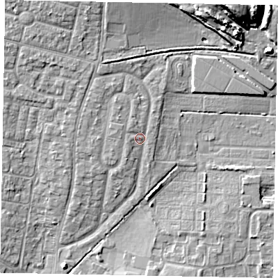 Shaded relief map of the ground around SL13NG, computed from Environment Agency LiDAR. The ground here sits at about 30 m above sea level and falls 14 m across the surrounding 800 m. Surface water reaching this point runs off ground lying to the west-north-west, 1.0 m higher.