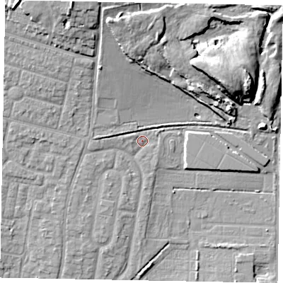 Shaded relief map of the ground around SL13NH, computed from Environment Agency LiDAR. The ground here sits at about 30 m above sea level and falls 13 m across the surrounding 800 m. Surface water reaching this point runs off ground lying to the west, 2.0 m higher.
