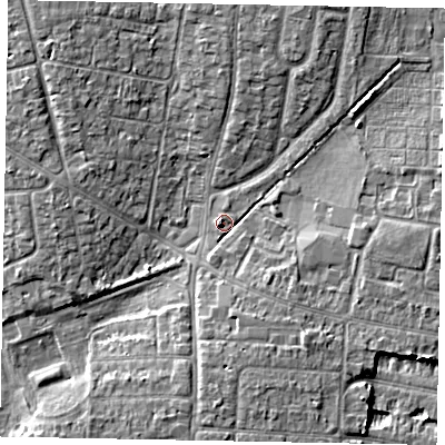 Shaded relief map of the ground around SL13NJ, computed from Environment Agency LiDAR. The ground here sits at about 29 m above sea level and falls 6 m across the surrounding 800 m. Surface water reaching this point runs off ground lying to the south-east, 4.4 m higher.