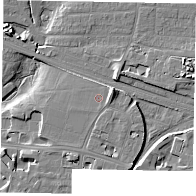 Shaded relief map of the ground around SL13NN, computed from Environment Agency LiDAR. The ground here sits at about 31 m above sea level and falls 12 m across the surrounding 800 m. The ground contributing surface water to this point lies to the south-south-east.