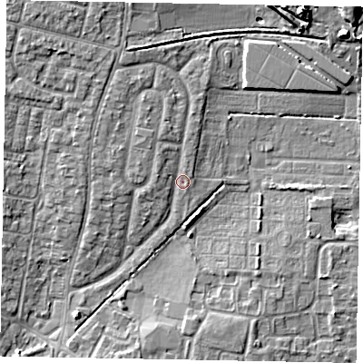 Shaded relief map of the ground around SL13NQ, computed from Environment Agency LiDAR. The ground here sits at about 30 m above sea level and falls 9 m across the surrounding 800 m. Surface water reaching this point runs off ground lying to the west-north-west, 1.4 m higher.