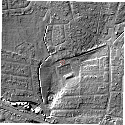 Shaded relief map of the ground around SL13PB, computed from Environment Agency LiDAR. The ground here sits at about 28 m above sea level and falls 10 m across the surrounding 800 m. Surface water reaching this point runs off ground lying to the north-north-east, 2.3 m higher.