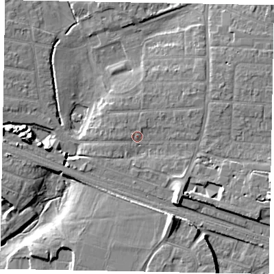 Shaded relief map of the ground around SL13PJ, computed from Environment Agency LiDAR. The ground here sits at about 29 m above sea level and falls 12 m across the surrounding 800 m. Surface water reaching this point runs off ground lying to the north, 1.7 m higher.