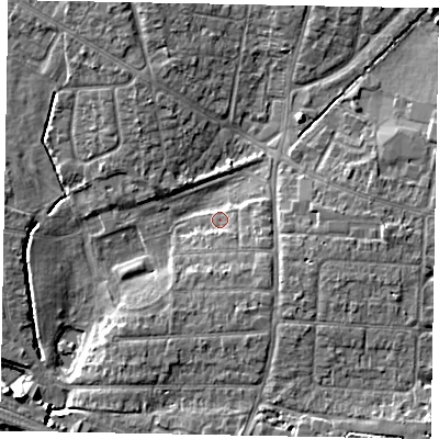 Shaded relief map of the ground around SL13PY, computed from Environment Agency LiDAR. The ground here sits at about 28 m above sea level and falls 8 m across the surrounding 800 m. Surface water reaching this point runs off ground lying to the east-south-east, 3.0 m higher.