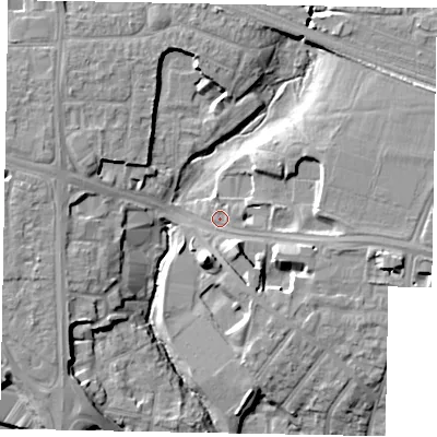 Shaded relief map of the ground around SL13SR, computed from Environment Agency LiDAR. The ground here sits at about 26 m above sea level and falls 12 m across the surrounding 800 m. Surface water reaching this point runs off ground lying to the south-south-east, 4.9 m higher.