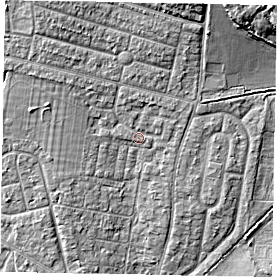 Shaded relief map of the ground around SL13XU, computed from Environment Agency LiDAR. The ground here sits at about 30 m above sea level and falls 9 m across the surrounding 800 m. Surface water reaching this point runs off ground lying to the north-west, 2.9 m higher.