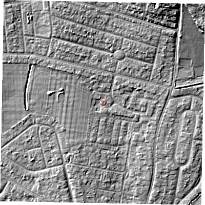 Shaded relief map of the ground around SL13XZ, computed from Environment Agency LiDAR. The ground here sits at about 31 m above sea level and falls 10 m across the surrounding 800 m. Surface water reaching this point runs off ground lying to the north-west, 2.1 m higher.