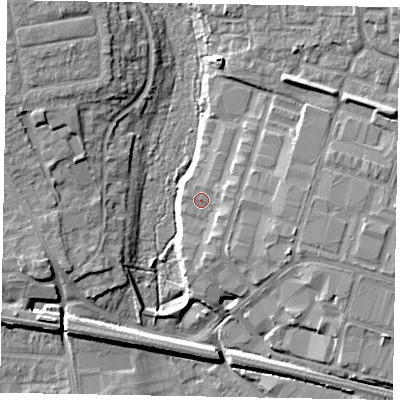 Shaded relief map of the ground around SL14LP, computed from Environment Agency LiDAR. The ground here sits at about 30 m above sea level and falls 11 m across the surrounding 800 m. Surface water reaching this point runs off ground lying to the east, 2.2 m higher.