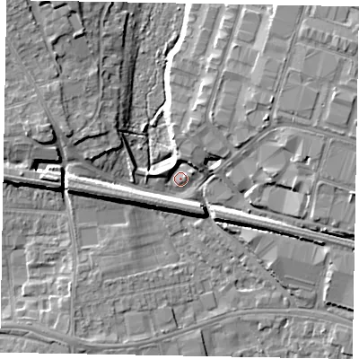 Shaded relief map of the ground around SL14NN, computed from Environment Agency LiDAR. The ground here sits at about 27 m above sea level and falls 10 m across the surrounding 800 m. Surface water reaching this point runs off ground lying to the west-north-west, 6.9 m higher.