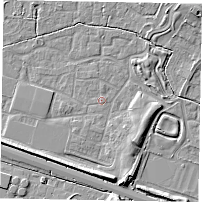 Shaded relief map of the ground around SL15AF, computed from Environment Agency LiDAR. The ground here sits at about 23 m above sea level and falls 10 m across the surrounding 800 m. Surface water reaching this point runs off ground lying to the east-south-east, 0.7 m higher.
