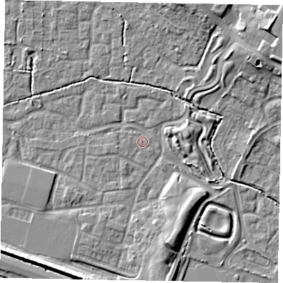 Shaded relief map of the ground around SL15AQ, computed from Environment Agency LiDAR. The ground here sits at about 22 m above sea level and falls 12 m across the surrounding 800 m. Surface water reaching this point runs off ground lying to the south-south-east, 5.1 m higher.