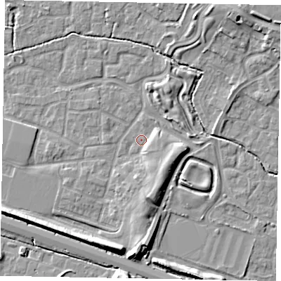 Shaded relief map of the ground around SL15AW, computed from Environment Agency LiDAR. The ground here sits at about 22 m above sea level and falls 11 m across the surrounding 800 m. Surface water reaching this point runs off ground lying to the south, 5.1 m higher.