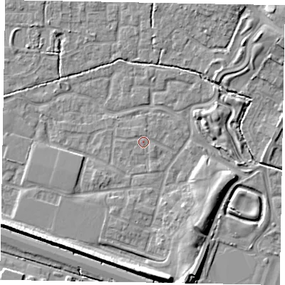 Shaded relief map of the ground around SL15AX, computed from Environment Agency LiDAR. The ground here sits at about 22 m above sea level and falls 9 m across the surrounding 800 m. Surface water reaching this point runs off ground lying to the south-south-east, 5.1 m higher.