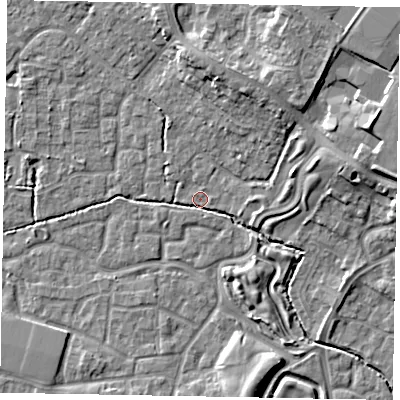 Shaded relief map of the ground around SL15AZ, computed from Environment Agency LiDAR. The ground here sits at about 22 m above sea level and falls 12 m across the surrounding 800 m. Surface water reaching this point runs off ground lying to the east-north-east, 9.2 m higher.
