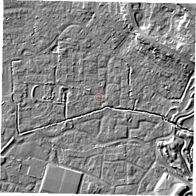 Shaded relief map of the ground around SL15DJ, computed from Environment Agency LiDAR. The ground here sits at about 22 m above sea level and falls 11 m across the surrounding 800 m. Surface water reaching this point runs off ground lying to the north-east, 7.4 m higher.