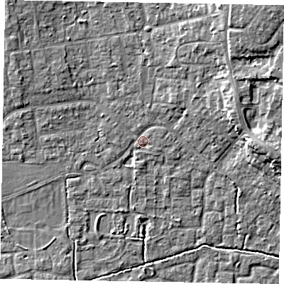 Shaded relief map of the ground around SL15DN, computed from Environment Agency LiDAR. The ground here sits at about 23 m above sea level and falls 10 m across the surrounding 800 m. Surface water reaching this point runs off ground lying to the north-east, 7.1 m higher.