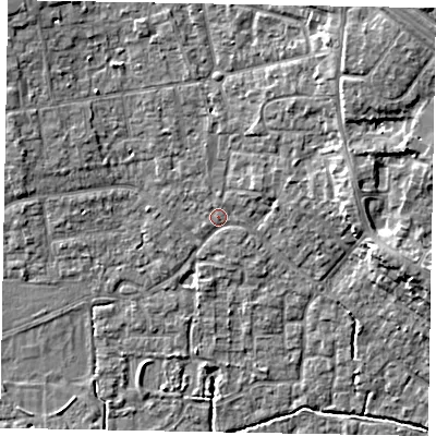 Shaded relief map of the ground around SL15DP, computed from Environment Agency LiDAR. The ground here sits at about 24 m above sea level and falls 10 m across the surrounding 800 m. Surface water reaching this point runs off ground lying to the south-east, 0.6 m higher.