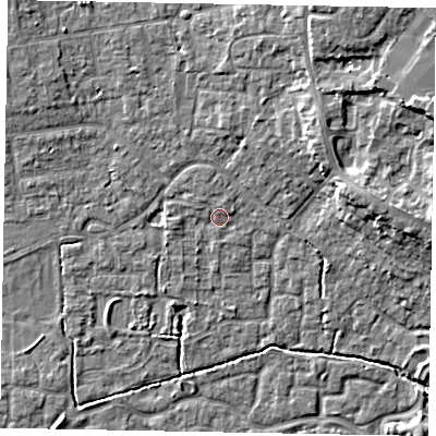 Shaded relief map of the ground around SL15DQ, computed from Environment Agency LiDAR. The ground here sits at about 23 m above sea level and falls 10 m across the surrounding 800 m. Surface water reaching this point runs off ground lying to the north-north-west, 1.1 m higher.