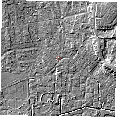 Shaded relief map of the ground around SL15DR, computed from Environment Agency LiDAR. The ground here sits at about 24 m above sea level and falls 10 m across the surrounding 800 m. Surface water reaching this point runs off ground lying to the north-east, 7.0 m higher.