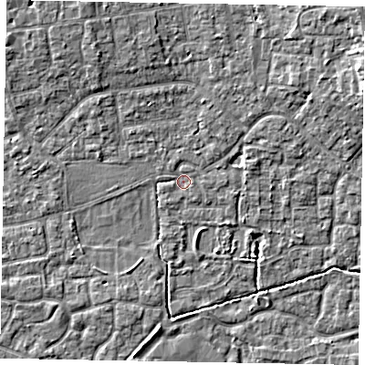 Shaded relief map of the ground around SL15DS, computed from Environment Agency LiDAR. The ground here sits at about 23 m above sea level and falls 7 m across the surrounding 800 m. Surface water reaching this point runs off ground lying to the north-north-west, 3.3 m higher.