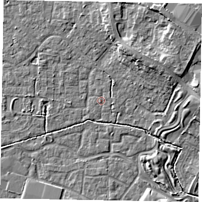 Shaded relief map of the ground around SL15DT, computed from Environment Agency LiDAR. The ground here sits at about 23 m above sea level and falls 12 m across the surrounding 800 m. Surface water reaching this point runs off ground lying to the north-north-east, 1.1 m higher.