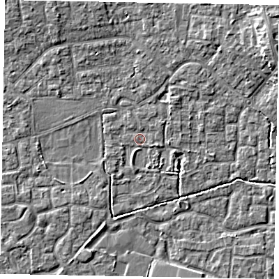 Shaded relief map of the ground around SL15DU, computed from Environment Agency LiDAR. The ground here sits at about 23 m above sea level and falls 7 m across the surrounding 800 m. Surface water reaching this point runs off ground lying to the north-north-east, 0.8 m higher.