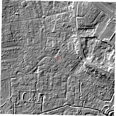 Shaded relief map of the ground around SL15DW, computed from Environment Agency LiDAR. The ground here sits at about 24 m above sea level and falls 11 m across the surrounding 800 m. Surface water reaching this point runs off ground lying to the east, 8.5 m higher.