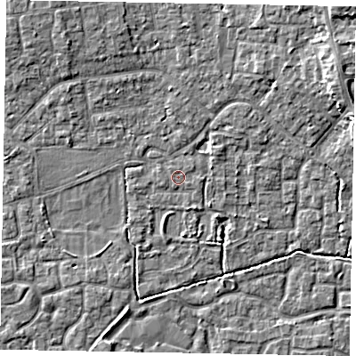 Shaded relief map of the ground around SL15DX, computed from Environment Agency LiDAR. The ground here sits at about 23 m above sea level and falls 8 m across the surrounding 800 m. Surface water reaching this point runs off ground lying to the east-north-east, 0.7 m higher.