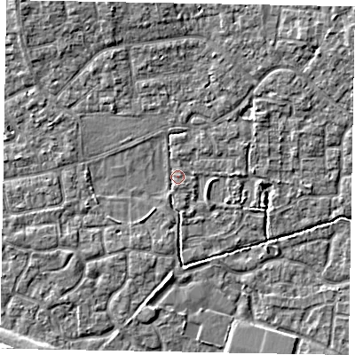 Shaded relief map of the ground around SL15DY, computed from Environment Agency LiDAR. The ground here sits at about 23 m above sea level and falls 7 m across the surrounding 800 m. Surface water reaching this point runs off ground lying to the north-north-west, 4.0 m higher.