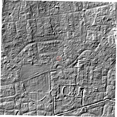 Shaded relief map of the ground around SL15DZ, computed from Environment Agency LiDAR. The ground here sits at about 23 m above sea level and falls 8 m across the surrounding 800 m. Surface water reaching this point runs off ground lying to the north-east, 6.8 m higher.