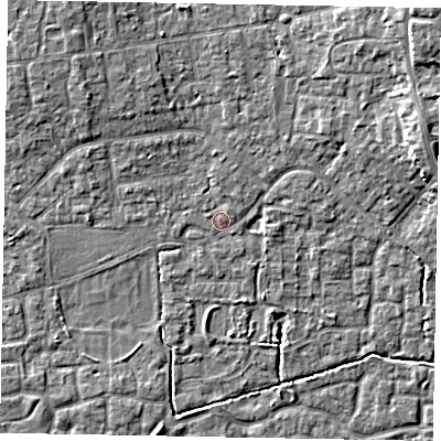 Shaded relief map of the ground around SL15EA, computed from Environment Agency LiDAR. The ground here sits at about 23 m above sea level and falls 9 m across the surrounding 800 m. Surface water reaching this point runs off ground lying to the north, 1.1 m higher.