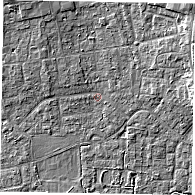 Shaded relief map of the ground around SL15EB, computed from Environment Agency LiDAR. The ground here sits at about 23 m above sea level and falls 9 m across the surrounding 800 m. Surface water reaching this point runs off ground lying to the north-east, 7.4 m higher.