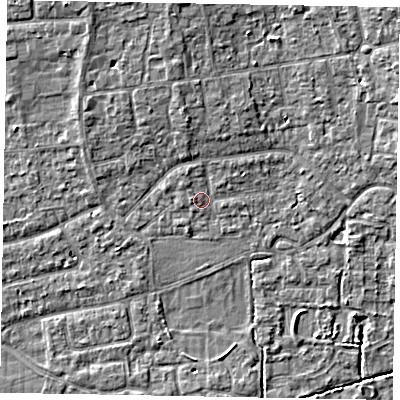 Shaded relief map of the ground around SL15ED, computed from Environment Agency LiDAR. The ground here sits at about 23 m above sea level and falls 5 m across the surrounding 800 m. Surface water reaching this point runs off ground lying to the north-north-west, 1.3 m higher.