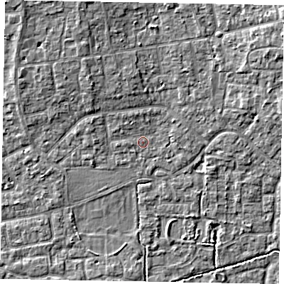 Shaded relief map of the ground around SL15EE, computed from Environment Agency LiDAR. The ground here sits at about 23 m above sea level and falls 7 m across the surrounding 800 m. Surface water reaching this point runs off ground lying to the north-west, 1.4 m higher.