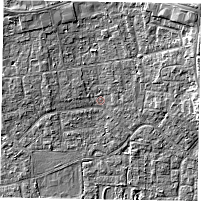 Shaded relief map of the ground around SL15EG, computed from Environment Agency LiDAR. The ground here sits at about 23 m above sea level and falls 9 m across the surrounding 800 m. Surface water reaching this point runs off ground lying to the north-east, 7.7 m higher.