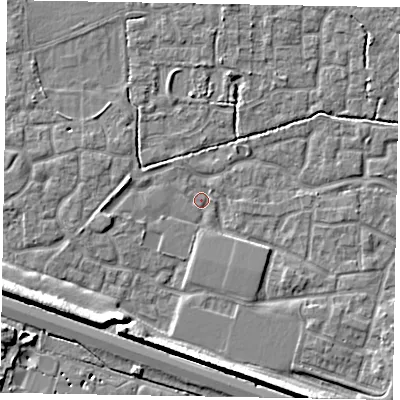 Shaded relief map of the ground around SL15EL, computed from Environment Agency LiDAR. The ground here sits at about 22 m above sea level and falls 9 m across the surrounding 800 m. Surface water reaching this point runs off ground lying to the west, 2.3 m higher.
