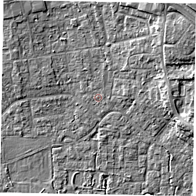 Shaded relief map of the ground around SL15EN, computed from Environment Agency LiDAR. The ground here sits at about 24 m above sea level and falls 10 m across the surrounding 800 m. Surface water reaching this point runs off ground lying to the north-east, 6.7 m higher.
