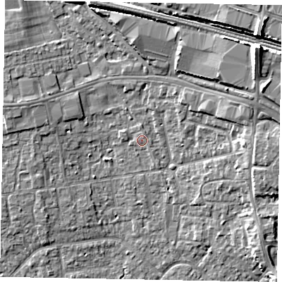 Shaded relief map of the ground around SL15ER, computed from Environment Agency LiDAR. The ground here sits at about 25 m above sea level and falls 14 m across the surrounding 800 m. Surface water reaching this point runs off ground lying to the north, 1.0 m higher.
