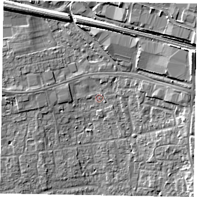 Shaded relief map of the ground around SL15ES, computed from Environment Agency LiDAR. The ground here sits at about 24 m above sea level and falls 14 m across the surrounding 800 m. Surface water reaching this point runs off ground lying to the east-north-east, 11.9 m higher.