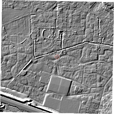 Shaded relief map of the ground around SL15ET, computed from Environment Agency LiDAR. The ground here sits at about 22 m above sea level and falls 9 m across the surrounding 800 m. Surface water reaching this point runs off ground lying to the west-south-west, 2.3 m higher.