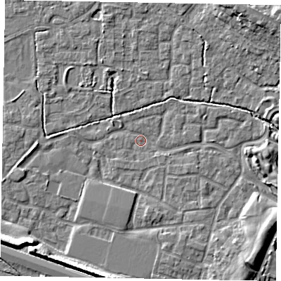 Shaded relief map of the ground around SL15EU, computed from Environment Agency LiDAR. The ground here sits at about 22 m above sea level and falls 9 m across the surrounding 800 m. Surface water reaching this point runs off ground lying to the west, 2.4 m higher.