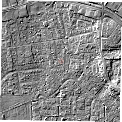 Shaded relief map of the ground around SL15EW, computed from Environment Agency LiDAR. The ground here sits at about 24 m above sea level and falls 11 m across the surrounding 800 m. Surface water reaching this point runs off ground lying to the north-east, 6.5 m higher.