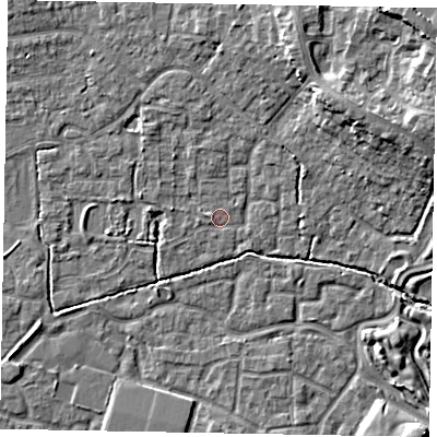 Shaded relief map of the ground around SL15EX, computed from Environment Agency LiDAR. The ground here sits at about 22 m above sea level and falls 11 m across the surrounding 800 m. Surface water reaching this point runs off ground lying to the west-north-west, 1.1 m higher.