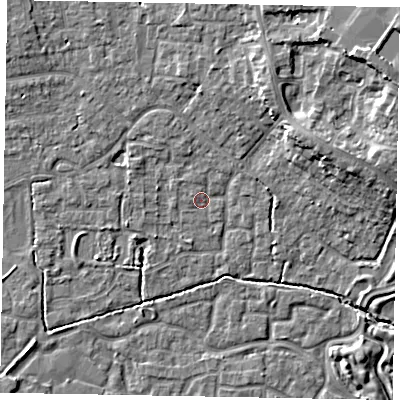 Shaded relief map of the ground around SL15EY, computed from Environment Agency LiDAR. The ground here sits at about 23 m above sea level and falls 11 m across the surrounding 800 m. Surface water reaching this point runs off ground lying to the east-north-east, 9.1 m higher.